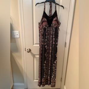 Great Vanity Summertime halter dress in plum, grey & blush, maxi XL
